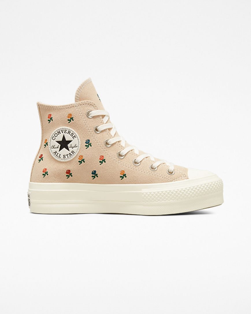 Women\'s Converse Chuck Taylor All Star Lift Embroidered Roses High Top Platform Shoes Beige | AU 950E6I